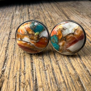 French Cufflink: Spiny Oyster copper Mohave Turquoise ,16mm, round