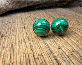 French Cufflinks: AAAAA Egyptian Malachite, 16mm. round, high dome