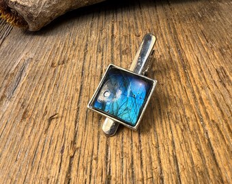 Tie clip: Blue Fire Labradorite, 20 mm, square