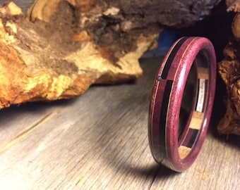 Wood/ Wooden Cuff Bracelet: Purple heart, Gaboon Ebony, Holly, Abalone