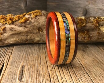 Wood/ Wooden Cuff Bracelet: Curly maple, Orange osage, Ebony, Abalone