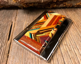 Wood/Wooden Business Card/ Credit Card case/ Holder: Kunterbunt, Multiple natural and colored woods