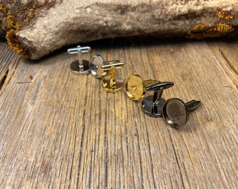 French cuff link blanks,silver, gold, gunmetal black,  16.02 mm, one pair, Bezel/ Tray set, round