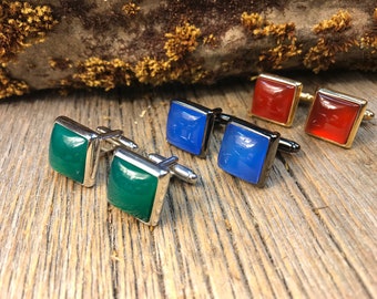 French Cufflinks: Green, Blue or Red Jade , 14/17mm, square