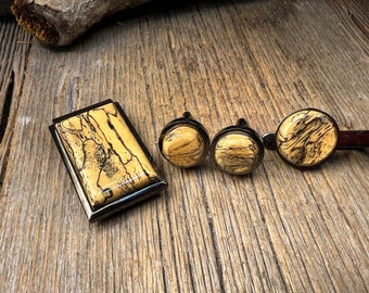 3-Piece Wooden Dresswear Accessory Combo Set: Tie Clip, Cufflinks and Money Clip ( Spalted Tamarind)