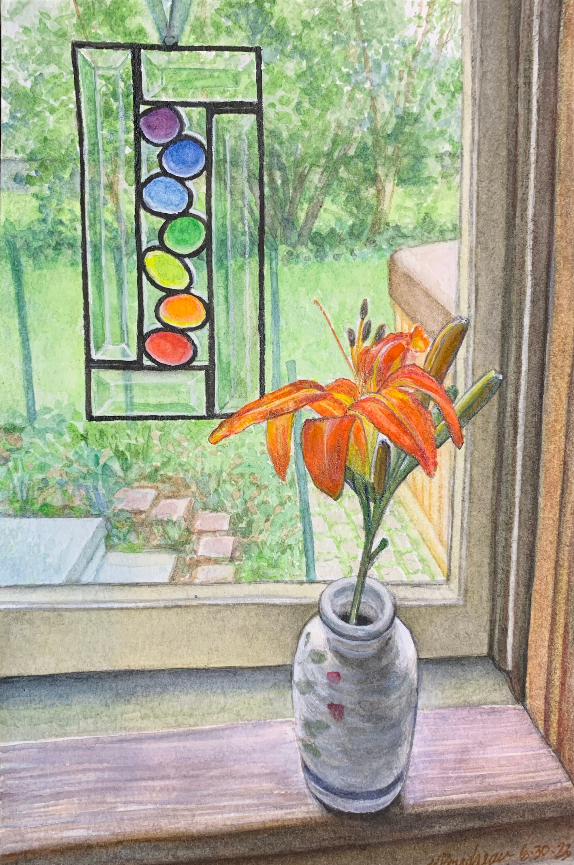 DAYLILY FANFARE original watercolor of Daylily on a windowsill