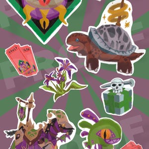 以下が含まれることがあります： World of Warcraftのダークムーン・フェアの様々なイラストが描かれたステッカーシート。シートには、紫と緑の目、亀、骸骨の付いた緑色のギフトボックス、紫と緑の生き物、紫と緑の騎士が馬に乗っているもの、そして「00063」と「00613」と書かれたピンクのチケットがいくつか含まれています。