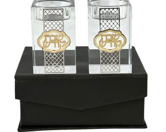 Crystal Candlesticks with Gold and Silver Metal Plaque – Elegant Shabbat Candle Holders (3.15”)