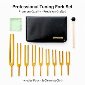 May include: A set of gold-coloured tuning forks, a black pouch, a cleaning cloth, and a wooden mallet. The image text reads: "Professional Tuning Fork Set, Premium Quality, Precision Crafted, Includes Pouch & Cleaning Cloth." The tuning forks are of varying sizes.