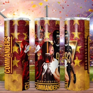 May include: Three stainless steel tumblers with a Washington Commanders football theme. The tumblers feature a red, white, and gold color scheme with the team logo and the words "Washington Commanders".