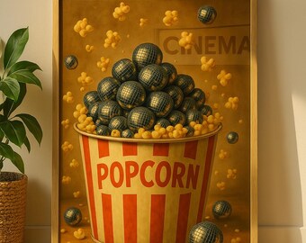 Disco Ball Popcorn Print | Retro Kitchen Wall Art | Printable Preppy Food Poster | Movie Night Decor | Fun Cinema Snack Digital Download