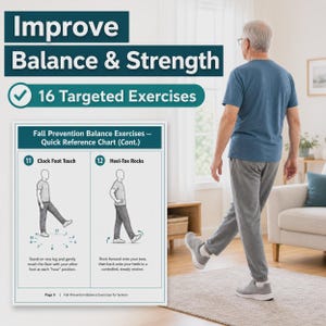 May include: Image promoting balance and strength exercises. Text reads "Improve Balance & Strength" and "16 Targeted Exercises." A chart illustrates two exercises: Clock Foot Touch and Heel-Toe Rocks. An older adult is shown performing an exercise.