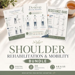 Op de afbeelding: Een bundel van drie informatieve printables voor schouderrevalidatie en mobiliteit. De printables bevatten oefeningen voor frozen shoulder, desktop rescue en resistance band fundamentals. De bundel bevat 20 professionele pagina's en is digitaal te downloaden.