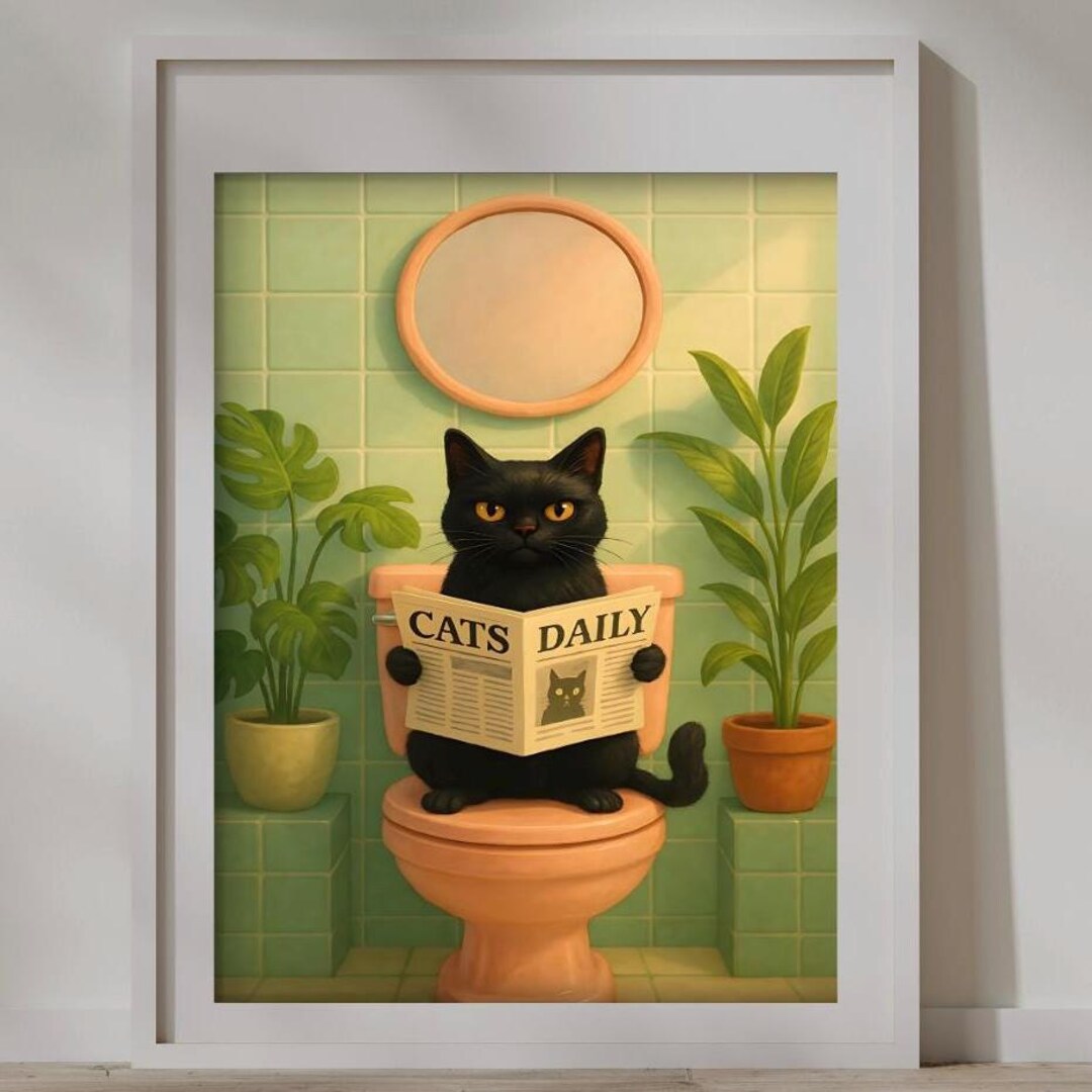 Funny Cat Bathroom Print, Toilet Wall Art, Black Cat on Toilet Poster ...