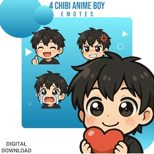 Chibi Anime Boy Emotes PNG for Twitch & Discord | Cute Kawaii Streamer Reactions | 4 Instant Download Stickers for VTubers