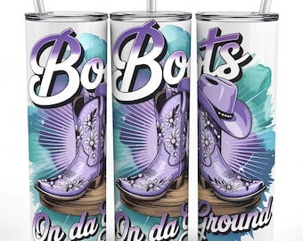 Boots On Da Ground Tumbler Wrap, Western Purple Floral Line Dancer 20oz Skinny Tumbler Sublimation Design, Cowgirls Boots Hat Leopard Print