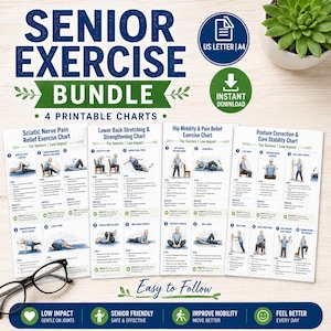 Könnte beinhalten: Ein Bundle aus vier druckbaren Übungstabellen für Senioren, mit Übungen für Ischiasschmerzen, Dehnung des unteren Rückens, Hüftmobilität und Haltungskorrektur. Die Tabellen enthalten Illustrationen und Anweisungen, mit dem Text "Senior Exercise Bundle".
