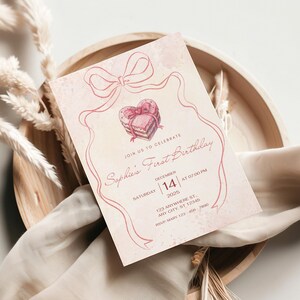 Coquette Bow 1st Birthday Invitation Girl First Birthday, Pink Bow Invitation 1st Birthday Template Canva Editable Baby Girl Party Invite