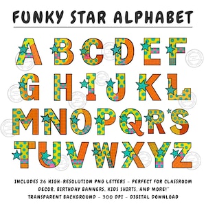 Preppy Bright Doodle Alphabet Letters Set  – Kindergarten Colorful A-Z Alphabet with Stars & Checkered Pattern, Kids Font for Crafts, Shirts