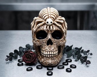 Dödskalleprydnad i harts, spindel, dödskalle, gotisk mörk dekor, halloweendekor, statyer, skelett, mörk konstskulptur, present till halloween, födelsedagsdekor