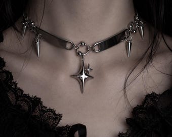 Punk Rock Y2K Star Choker Necklace, Gothic Silver Chain Collar, Stainless Steel Pendant