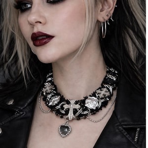Gothic Necklace, Vintage Gothic Style, Punk, Punk Necklace, Cross Necklace, Heart Necklace, Plush, Patchwork,Charm Necklaces,Vintage Style,
