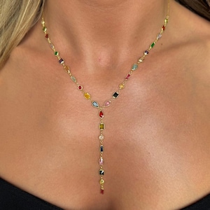 Gold Y Necklace, Colorful Lariat Necklace, Multicolor Y Necklace, Handcrafted Multi-Colored Necklace, Elegant Y Necklace, Dainty Necklace