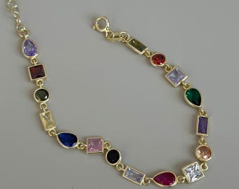 Colorful Asymmetric Stone Bracelet, 925 Silver Bracelet, Dainty Gold Gemstone Jewelry, Multicolor Bracelet, Gift For Her