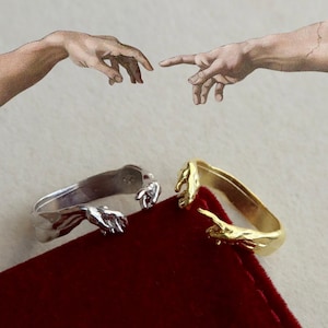 Hand van God die leven schenkt aan Adam Ring, schepping van Adam, uniek en zinvol: schepping van Adam handgebaarring, Valentijnsdagcadeaus