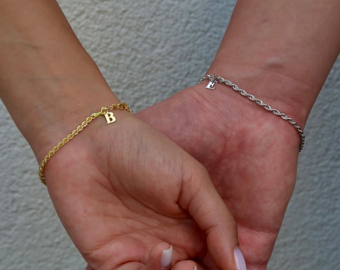 Couples Bracelet Set, Matching Bracelets, Custom Initial Bracelet Set, Sterling Silver Rope Chain Couples Bracelet, Vday Bracelets