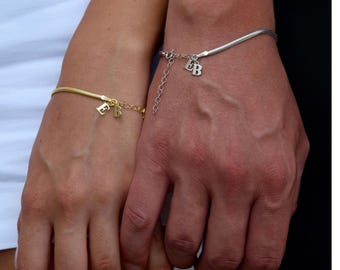 Couples Bracelet Set, Matching Bracelets, Custom Initial Bracelet Set, Sterling Silver Snake Chain Couples Bracelet, Vday Bracelets