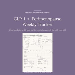 Może przedstawiać: Tygodniowy tracker zatytułowany "GLP-1 + Perimenopause" na fioletowym tle. Tracker zawiera sekcje do rejestrowania objawów, pomiarów i innych istotnych informacji. Obecny jest również tekst "To, co działa dla 30-latki, nie zawsze działa dla 47-latki".
