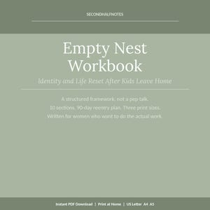 May include: A digital workbook titled "Empty Nest Workbook" with the subtitle "Identity and Life Reset After Kids Leave Home." The cover is a muted green with white text. The workbook offers a structured framework with 10 sections and a 90-day reentry plan.
