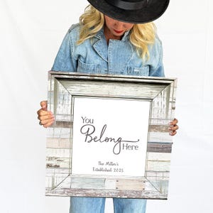 You Belong Here Sign | Personalized Rustic Home Decor | Shabby Chic Family Name Wall Art | Perfect Housewarming & Real Estate Closing Gift