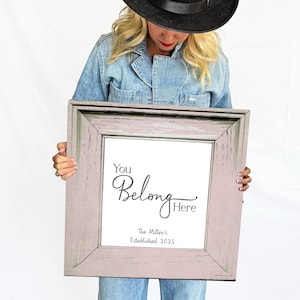 You Belong Here Sign | Personalized Rustic Home Decor | Shabby Chic Family Name Wall Art | Perfect Housewarming & Real Estate Closing Gift