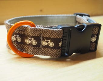Dog Collar - Brown Herringbone Tweed with Bikes