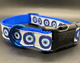 Dog Collar - Evil Eye on Blue with Black Buckle