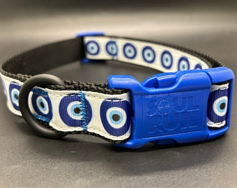 Dog Collar - Evil Eye on Black with Blue Buckle