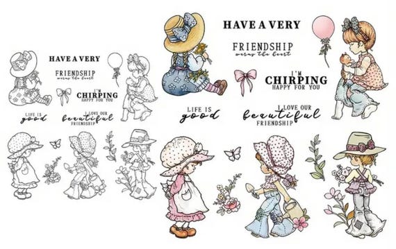 New Sarah Kay clear stamps set, holly hobbie stamps theme for all your creations - vintage stamps - retro stamps - little girl stamps set