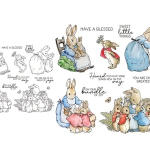 Puede incluir: Ilustraciones en acuarela de conejitos en varias poses, algunas con detalles florales y texto. El texto incluye frases como "Have a Blessed", "Sweet Little Things" y "Bundle of Joy". Los conejitos están representados en un estilo de libro de cuentos clásico.