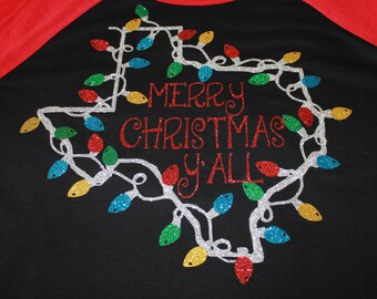 Merry Christmas Y'all Texas Raglan Shirt, Festive State Christmas Lights