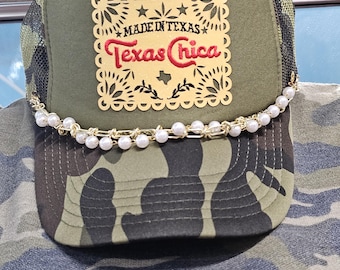Texas Chica Camo Trucker Hat with Pearl & Gold Hat Chain, Western Cowgirl Hat, Rodeo Outfit, Boutique Hat Bar Style, Camo Hat,