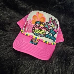 Summer Vibes Trucker Hat | Day Drinking Hat | Tropical Beach Hat | Pink Summer Hat | Girls Trip Hat | Poolside Trucker Hat | Vacation Hat