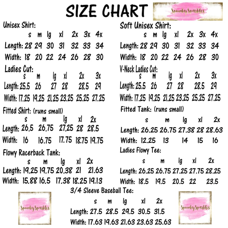 May include: Size chart for various shirt styles, including Unisex, Ladies Cut, Fitted, and Flowy Racerback Tank. Measurements are provided in inches for length and width, with sizes ranging from small to 4X.