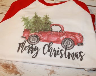 Vintage Red Truck Christmas Shirt, Watercolor Print Raglan
