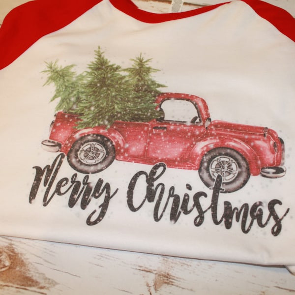 Vintage Red Truck Christmas Shirt, Watercolor Print Raglan