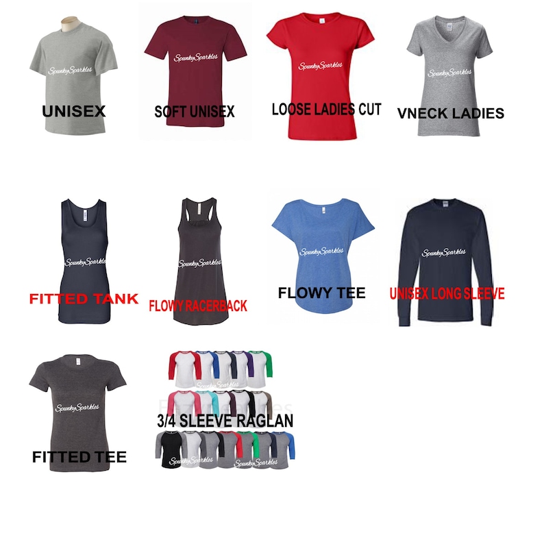 May include: A collection of various t-shirts and tank tops in different colors and styles. The image includes a gray unisex tee, a burgundy soft unisex tee, a red loose ladies cut tee, a gray v-neck ladies tee, a navy fitted tank, a gray flowy racerback, a blue flowy tee, a navy unisex long sleeve, a gray fitted tee, and a 3/4 sleeve raglan.