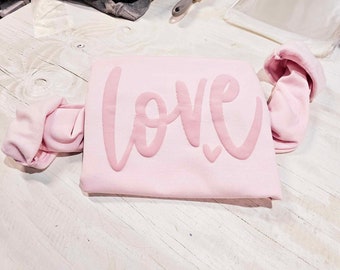 Love Pink on Pink Sweatshirt, Pink Love Sweater, Love Puff Print Sweatshirt, Valentines Shirt, Gift for Her, Heart Sweater, Lover Sweatshirt