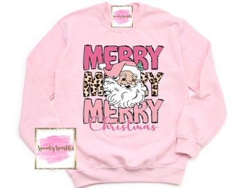 Merry Merry Christmas Sweatshirt, Vintage Santa Sweater, Pink Santa Shirt, Leopard Santa Shirt, Womens Shirt, Merry and Bright, Festive Tee