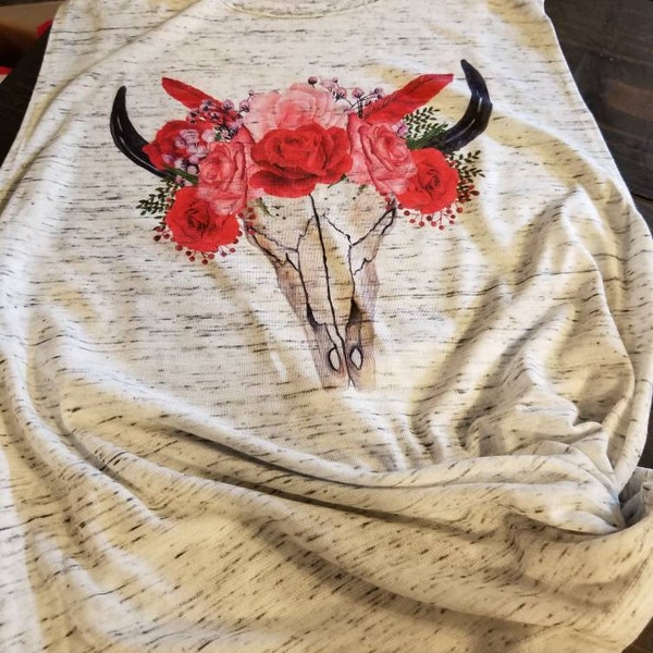 Rose Cow Tank, Red Rose Cow Skull Shirt, Country Girl Shirt, Festival Shirt, Gypsy Soul Shirt, Cowgirl Shirt, Cow T-Shirt, Womens Shirt,